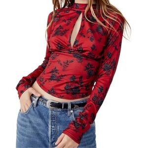 Free People Red and Black Graphic Blouse with Mandarin Collar